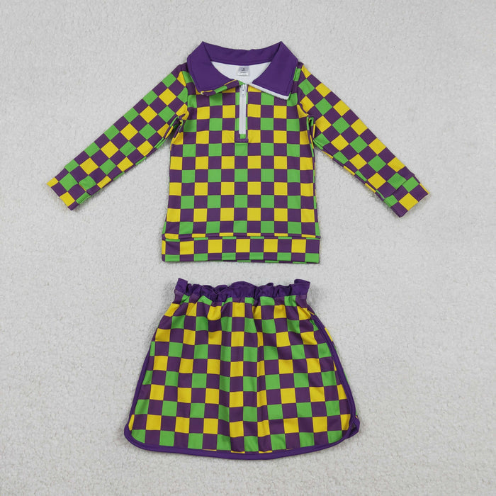 Sibling Baby Girls Mardigras Checked Yoga Active Shorts Knee Length Dress Skorts Clothes Sets