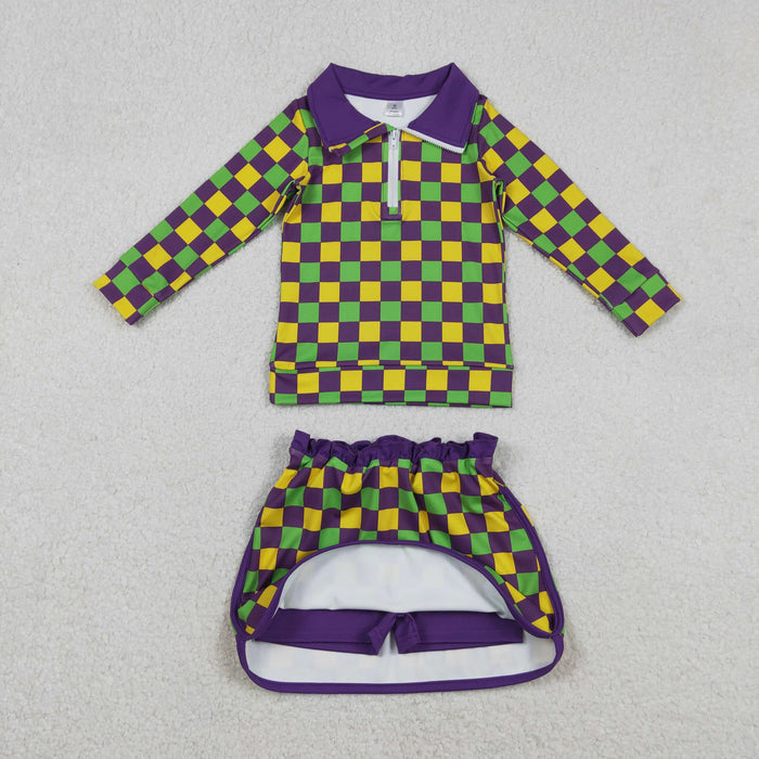 Sibling Baby Girls Mardigras Checked Yoga Active Shorts Knee Length Dress Skorts Clothes Sets
