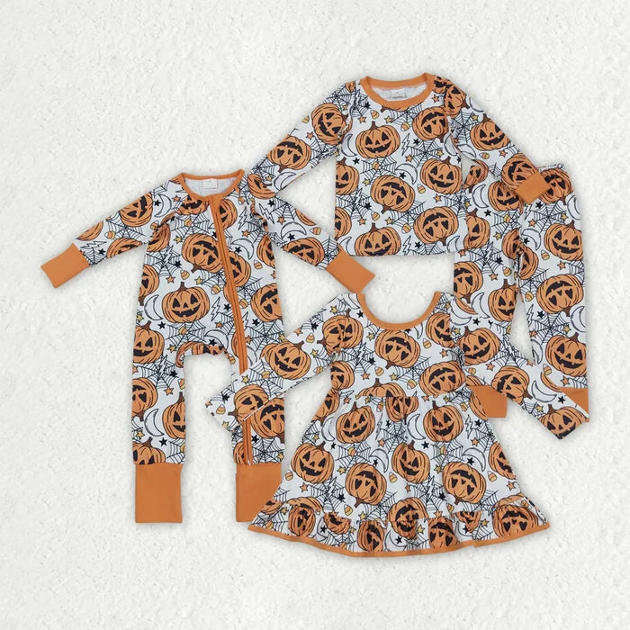 Sibling Baby Girls  Orange Pumpkins Halloween Pajamas Sets Rompers Knee Length Dresses