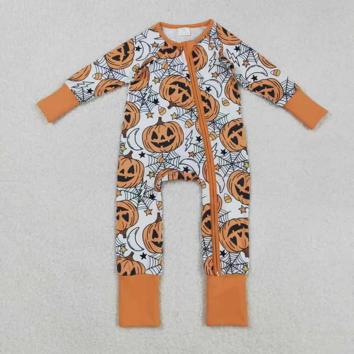 Sibling Baby Girls  Orange Pumpkins Halloween Pajamas Sets Rompers Knee Length Dresses