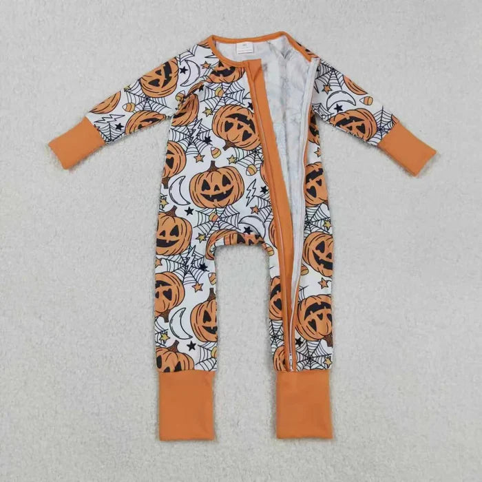 Sibling Baby Girls  Orange Pumpkins Halloween Pajamas Sets Rompers Knee Length Dresses