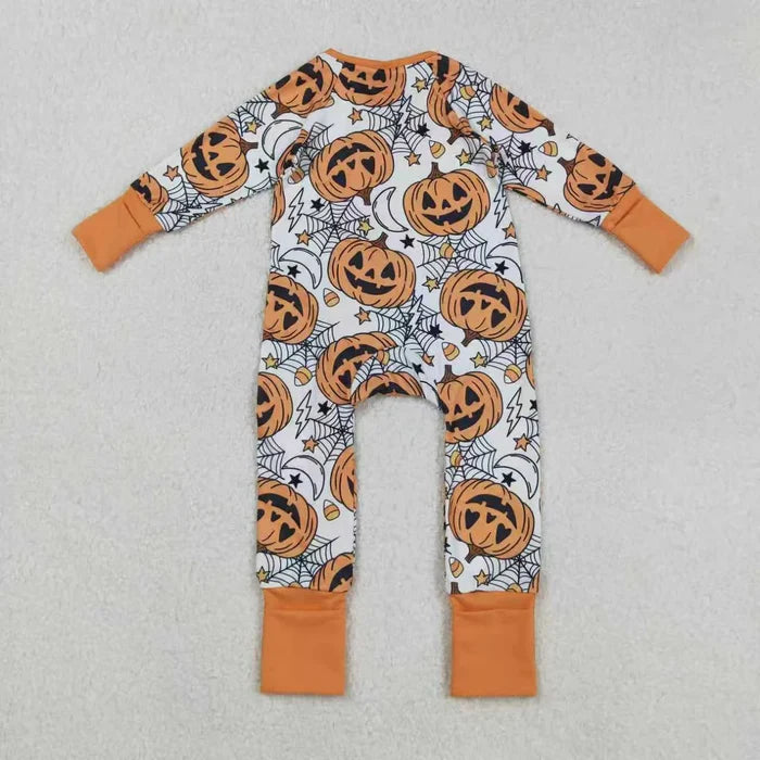 Sibling Baby Girls  Orange Pumpkins Halloween Pajamas Sets Rompers Knee Length Dresses