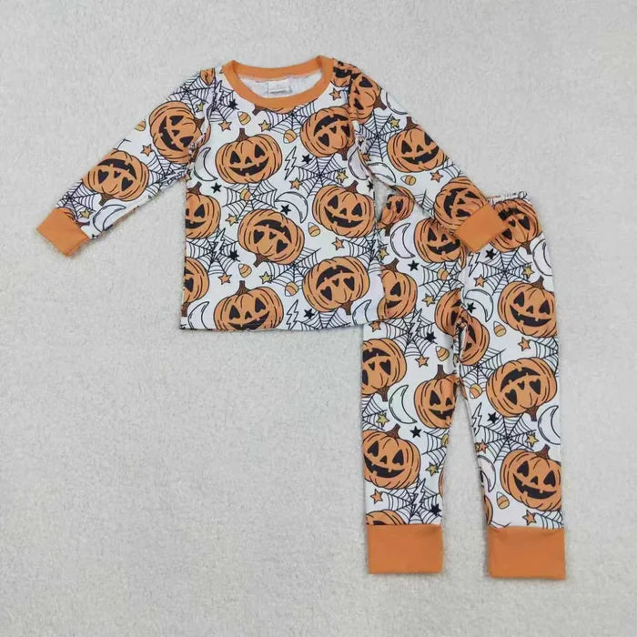 Sibling Baby Girls  Orange Pumpkins Halloween Pajamas Sets Rompers Knee Length Dresses