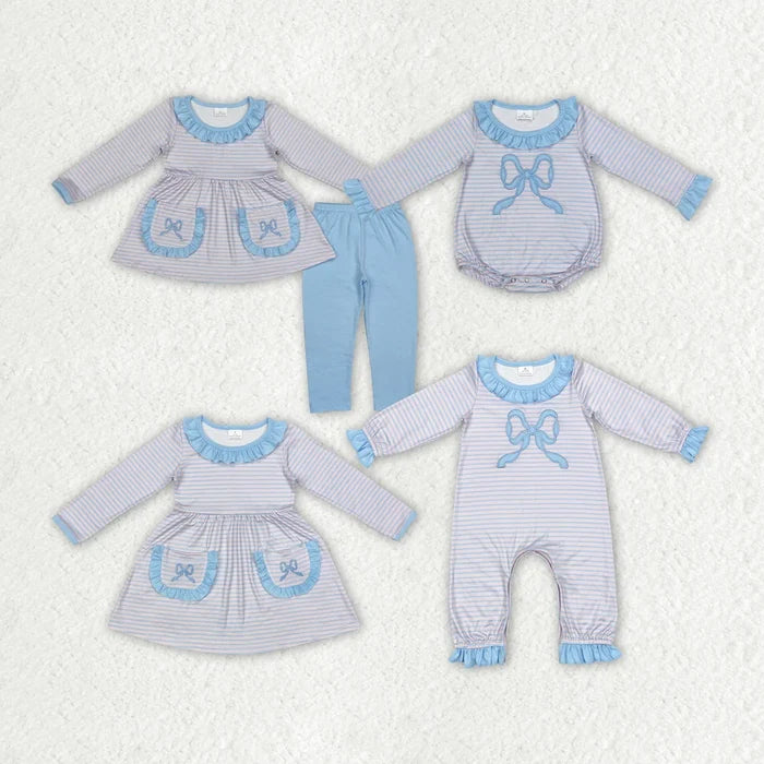 Sibling Baby Girls Pink Blue Striped Bow Outfit Dress Romper