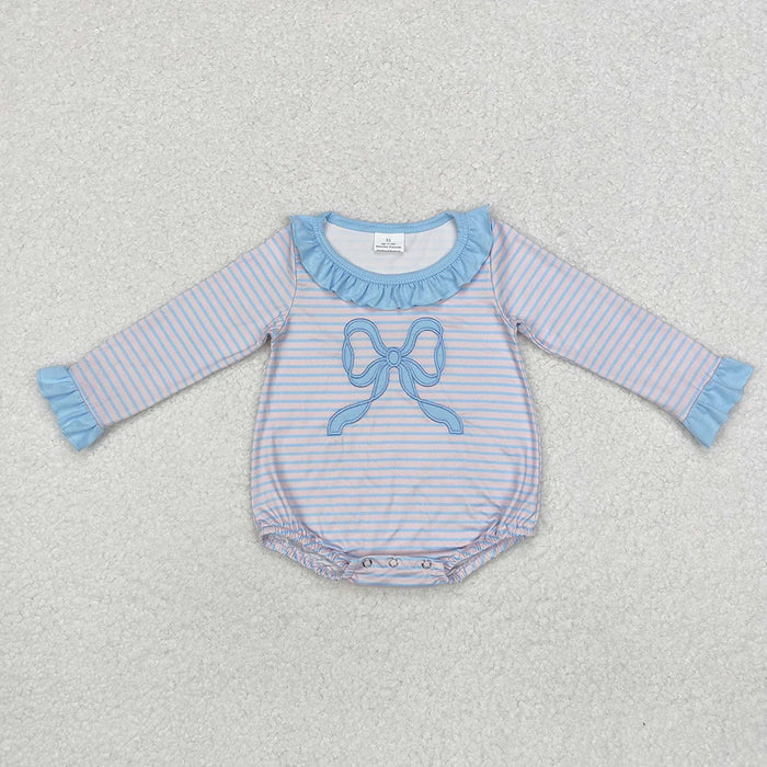 Sibling Baby Girls Pink Blue Striped Bow Outfit Dress Romper