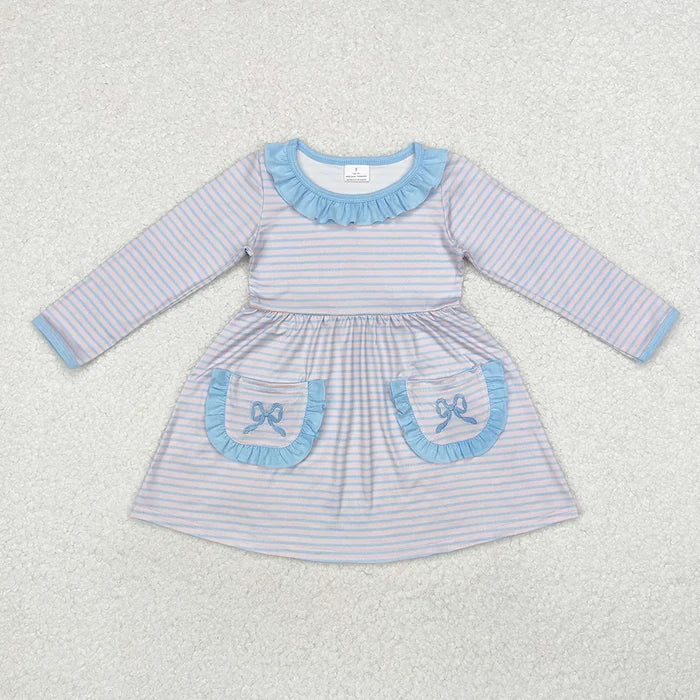 Sibling Baby Girls Pink Blue Striped Bow Outfit Dress Romper