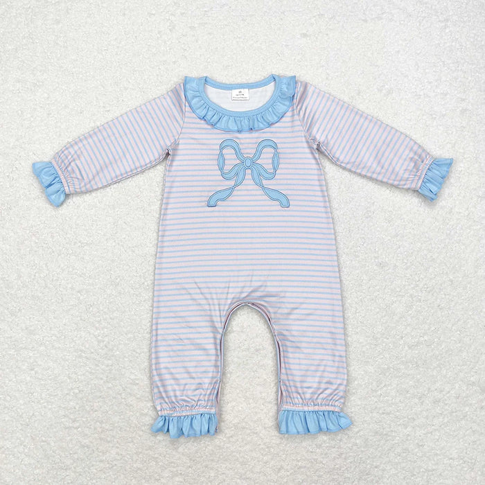 Sibling Baby Girls Pink Blue Striped Bow Outfit Dress Romper