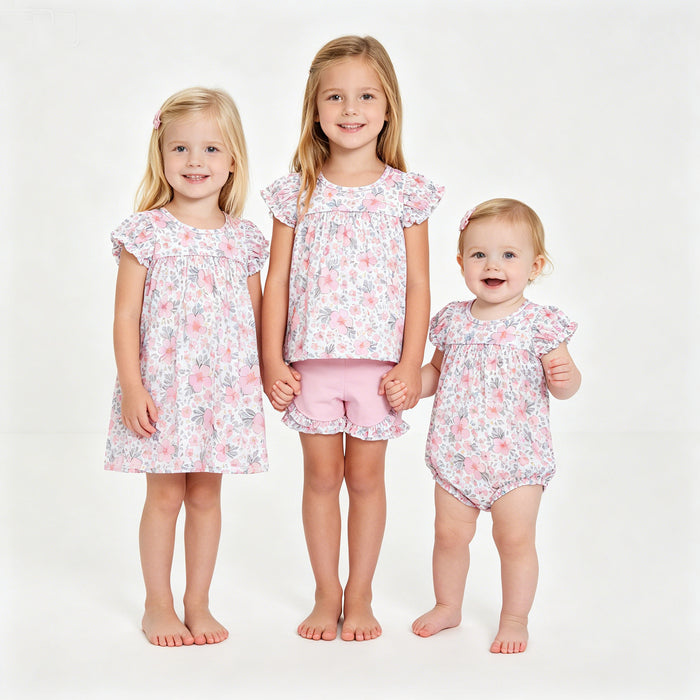 Sibling Baby Girls Pink Flowers Leaves Rompers Dresses Outfits