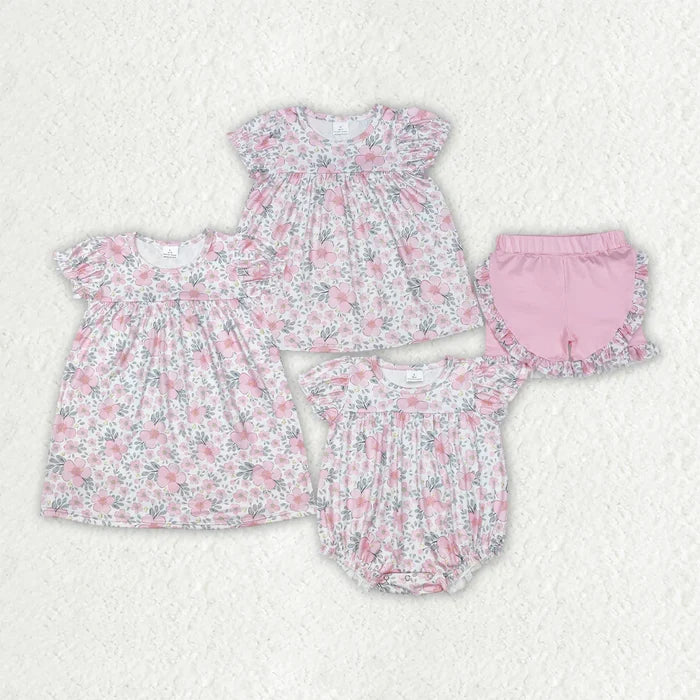 Sibling Baby Girls Pink Flowers Leaves Rompers Dresses Outfits