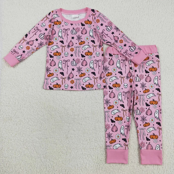 Sibling Baby Girls Pink Ghosts Pumpkins Halloween Rompers Pajamas Sets
