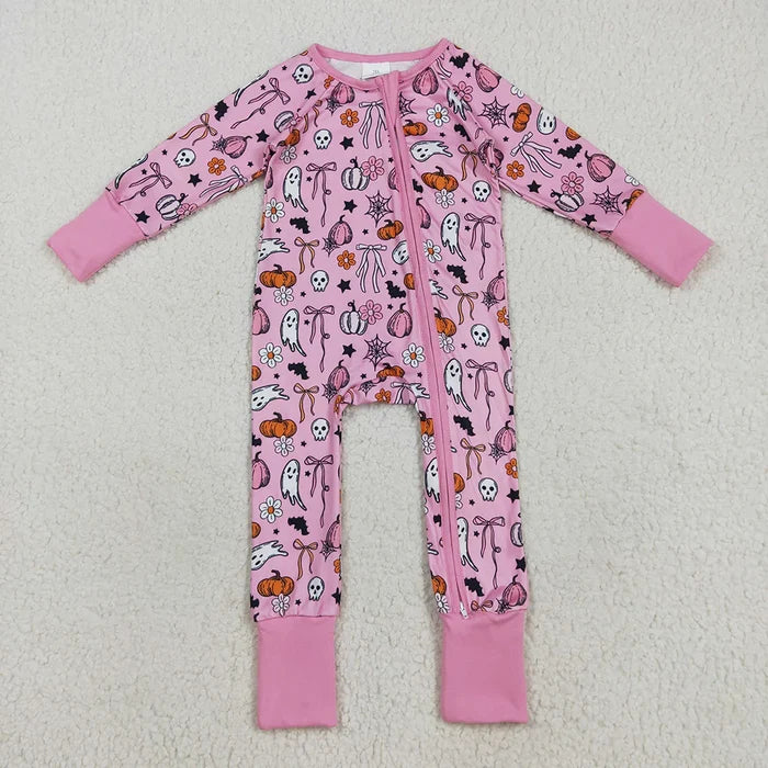Sibling Baby Girls Pink Ghosts Pumpkins Halloween Rompers Pajamas Sets