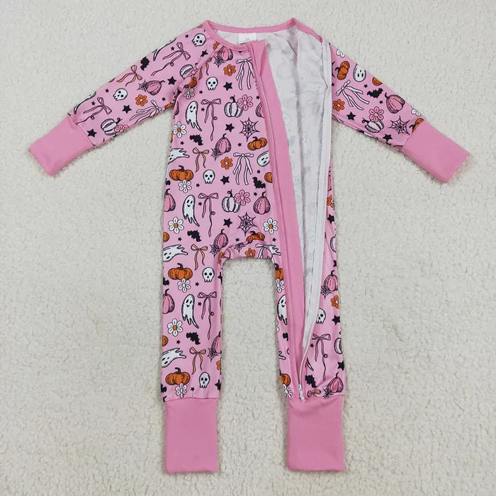 Sibling Baby Girls Pink Ghosts Pumpkins Halloween Rompers Pajamas Sets