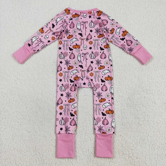 Sibling Baby Girls Pink Ghosts Pumpkins Halloween Rompers Pajamas Sets