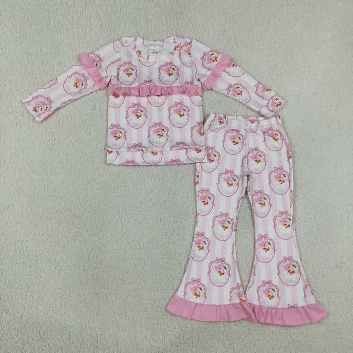Sibling Baby Girls Pink Stripe Bows Santa Tunic Ruffle Pants Christmas Clothes Sets
