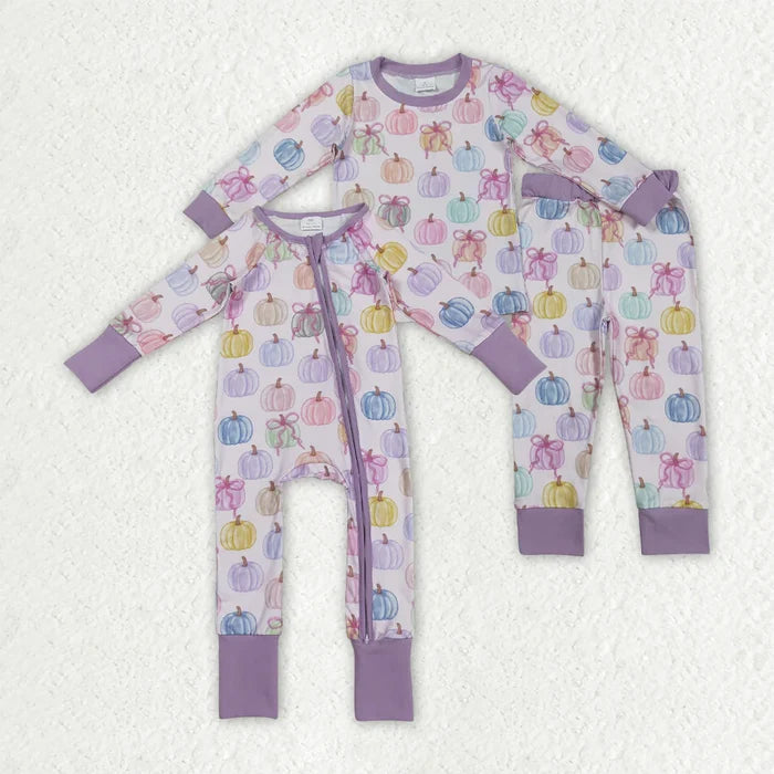 Sibling Baby Girls Purple Pumpkins Fall Pajamas Sets Ruffle Zipper Footie Rompers