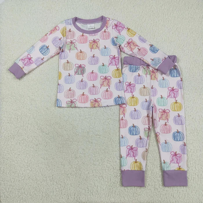 Sibling Baby Girls Purple Pumpkins Fall Pajamas Sets Ruffle Zipper Footie Rompers