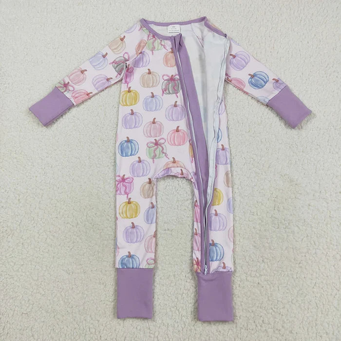 Sibling Baby Girls Purple Pumpkins Fall Pajamas Sets Ruffle Zipper Footie Rompers