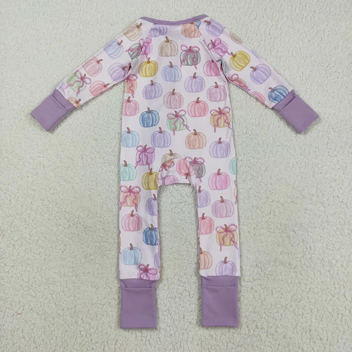 Sibling Baby Girls Purple Pumpkins Fall Pajamas Sets Ruffle Zipper Footie Rompers