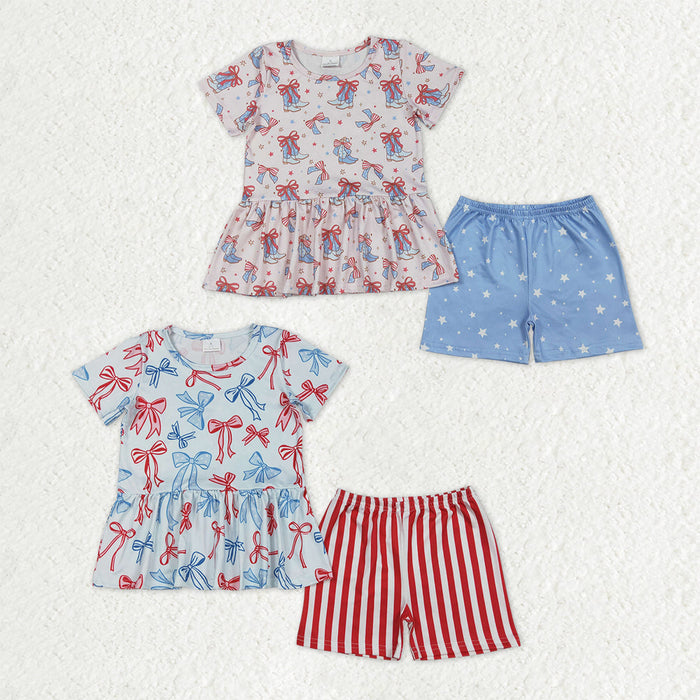 Sibling Baby Girls Red Blue Bows Boots Ruffle Tunic Shorts 4th of July Clothes Sets
