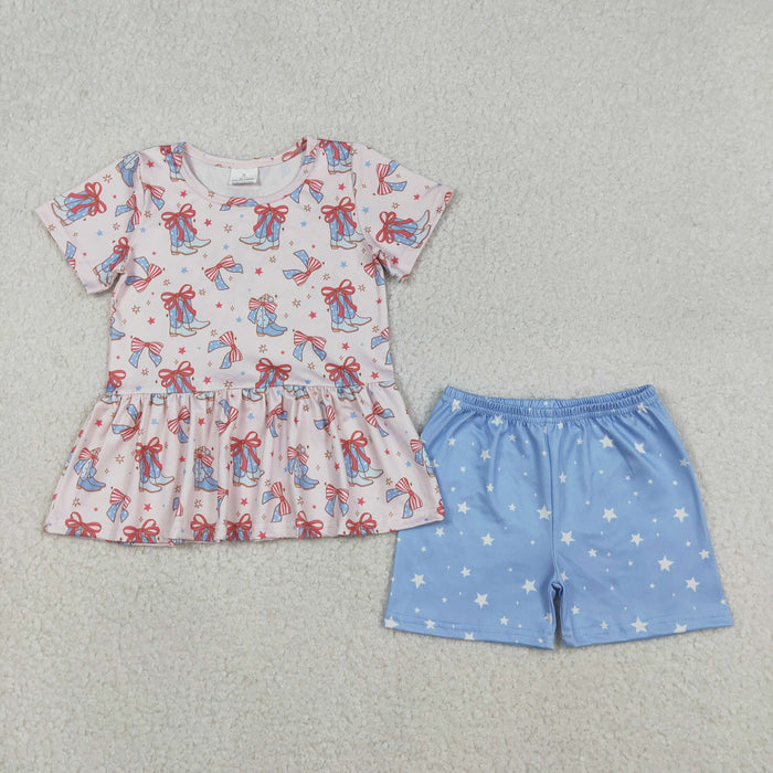 Sibling Baby Girls Red Blue Bows Boots Ruffle Tunic Shorts 4th of July Clothes Sets