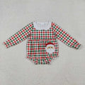Sibling Baby Girls Red Green Checked Embroidery Santa Tunic Ruffle Pants Christmas Set Rompers