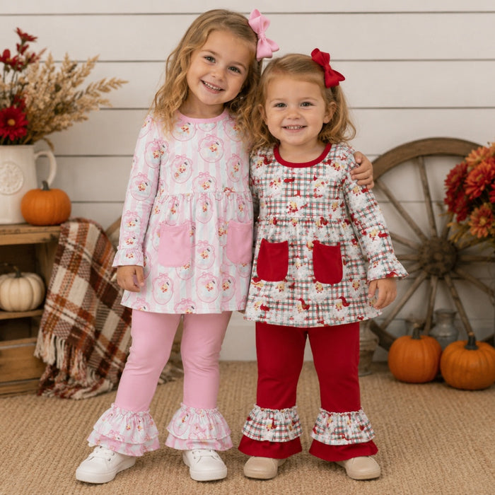 Sibling Baby Girls Santa Pockets Tunic Ruffle Pants Christmas Clothes Sets