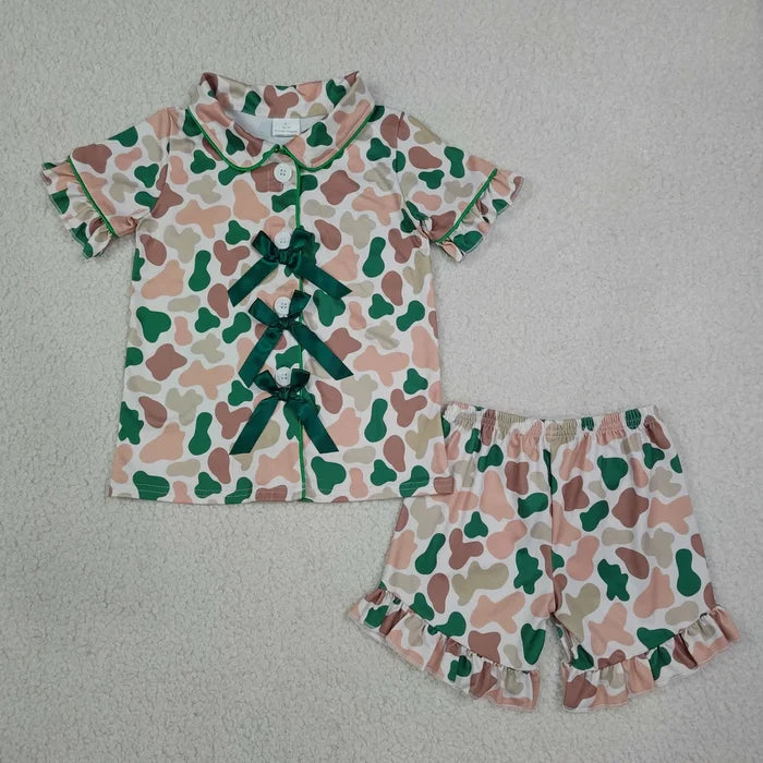 Sibling Baby Girls Short Sleeve Leaves Camo Bows Button Top Ruffle Short Pajamas Sets