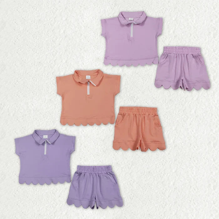 Sibling Baby Girls Short Sleeve Zip Pullovers Top Pockets Short Scallop Clothes Sets
