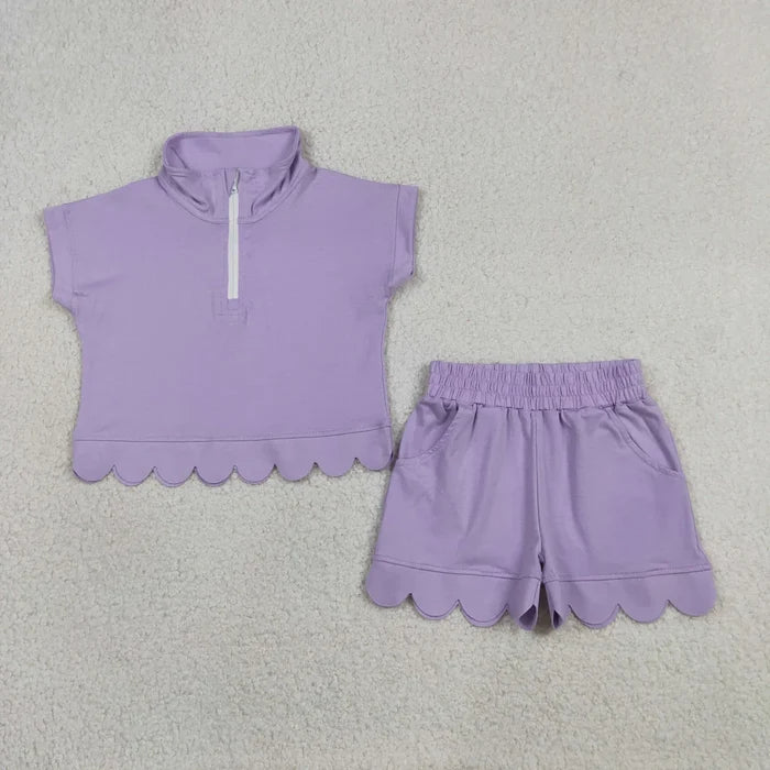 Sibling Baby Girls Short Sleeve Zip Pullovers Top Pockets Short Scallop Clothes Sets