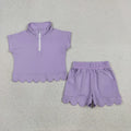 Sibling Baby Girls Short Sleeve Zip Pullovers Top Pockets Short Scallop Clothes Sets