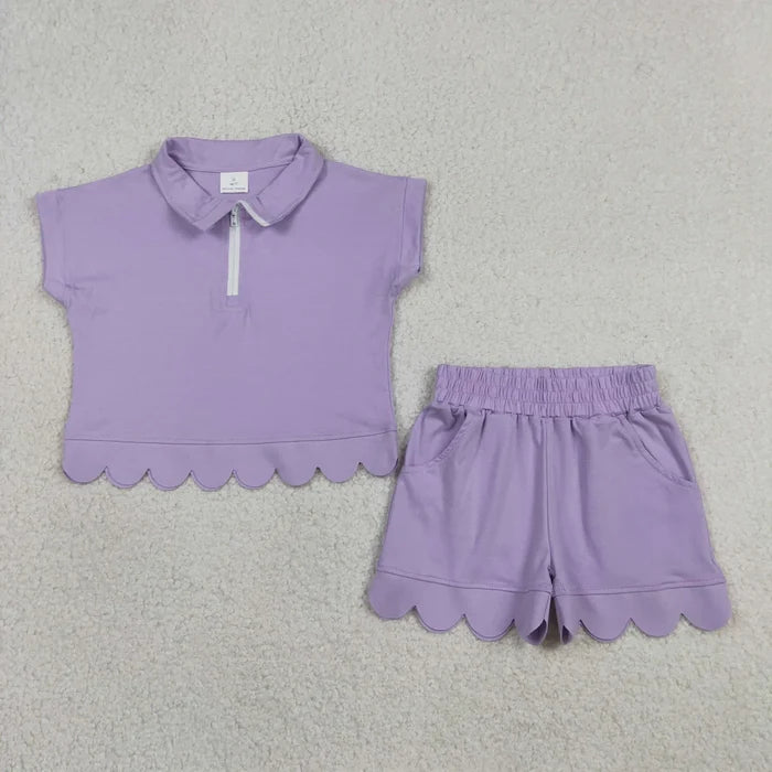 Sibling Baby Girls Short Sleeve Zip Pullovers Top Pockets Short Scallop Clothes Sets