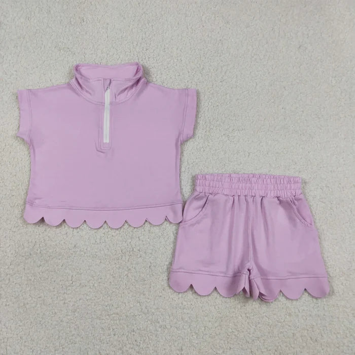 Sibling Baby Girls Short Sleeve Zip Pullovers Top Pockets Short Scallop Clothes Sets
