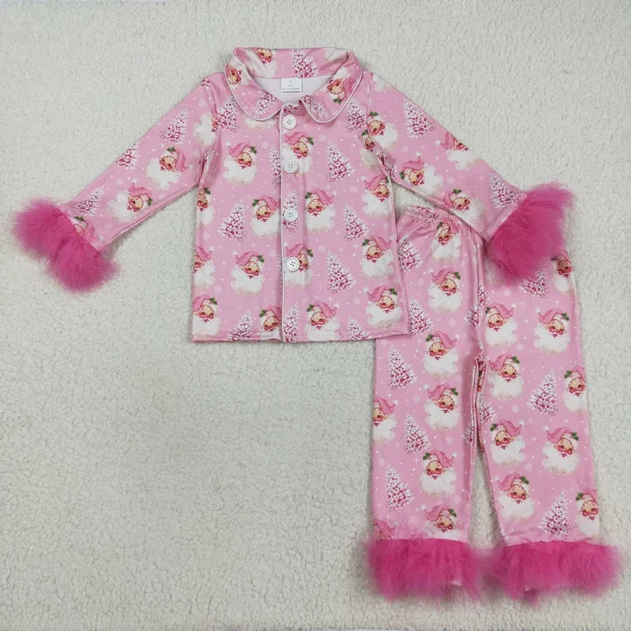 Sibling Baby Girls Sister Christmas Bows Santa Buttons Top Pants Fur Pajamas Clothes Sets