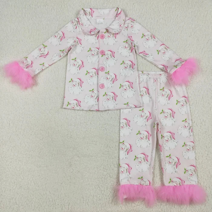 Sibling Baby Girls Sister Christmas Bows Santa Buttons Top Pants Fur Pajamas Clothes Sets