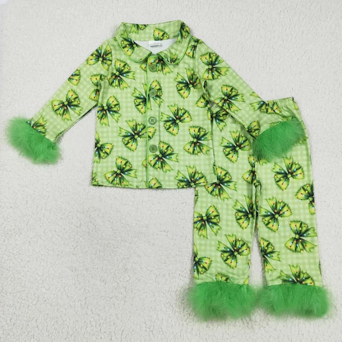 Sibling Baby Girls Sister Christmas Green Face Bows Buttons Top Pants Fur Pajamas Clothes Sets