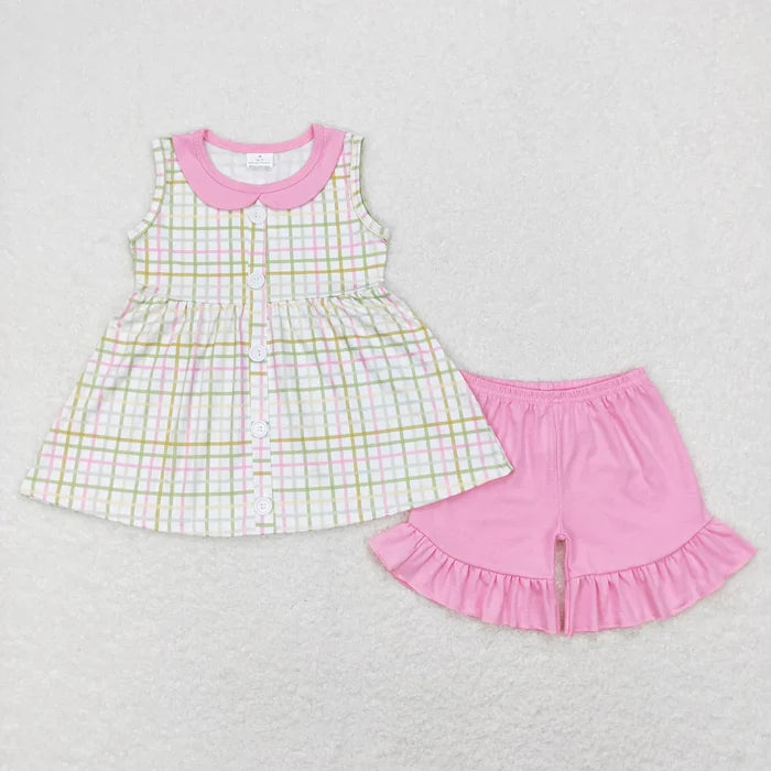Sibling Baby Girls Sleeveless Bows Floral Button Tunic Ruffle Shorts Set