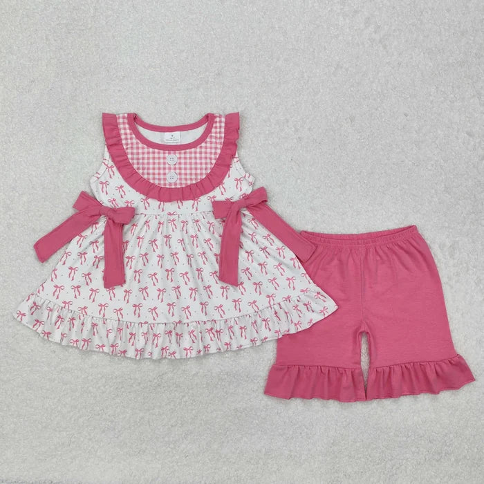 Sibling Baby Girls Sleeveless Bows Floral Button Tunic Ruffle Shorts Set