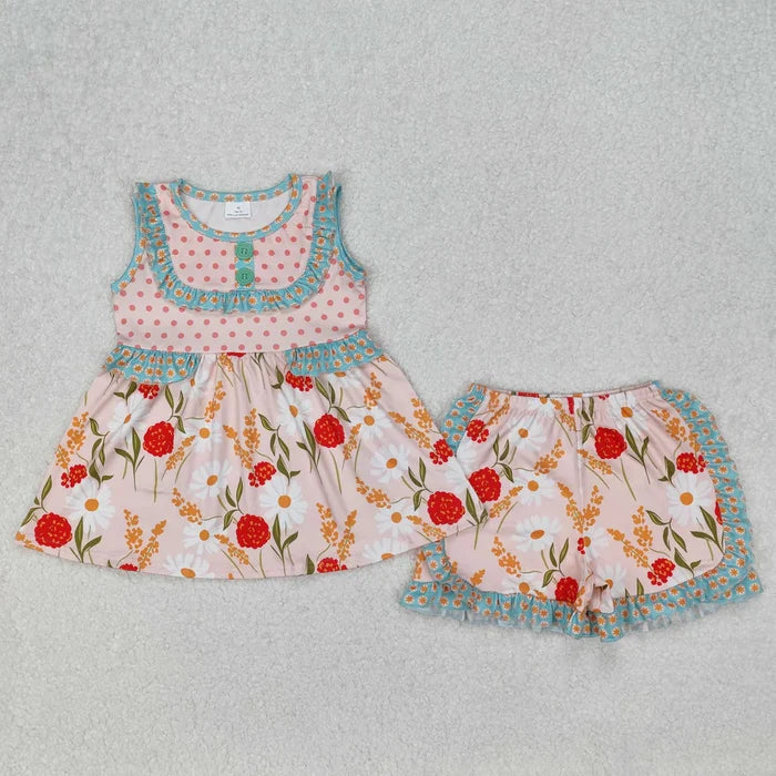 Sibling Baby Girls Sleeveless Bows Floral Button Tunic Ruffle Shorts Set