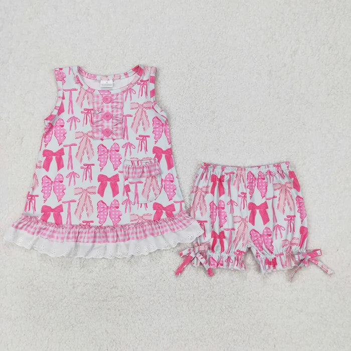 Sibling Baby Girls Sleeveless Bows Floral Button Tunic Ruffle Shorts Set
