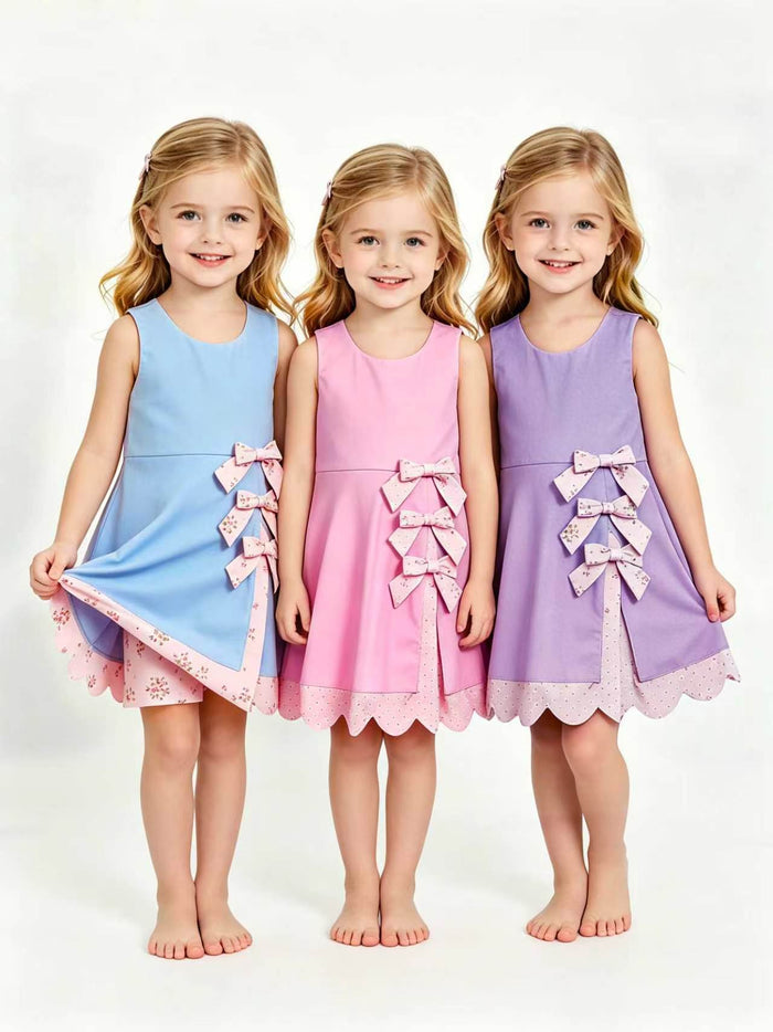 Sibling Baby Girls Sleeveless Bows Shorts Scallop Knee Length Dresses