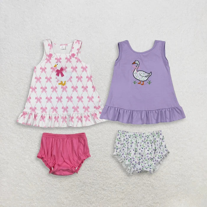 Sibling Baby Girls Sleeveless Embroidery Bows Gooses Tunic Flowers Bummies Clothes Sets