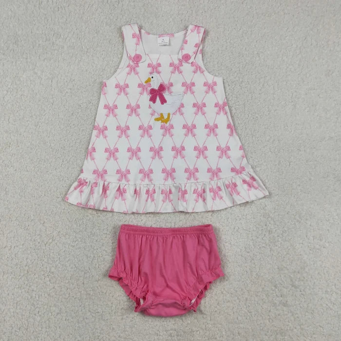 Sibling Baby Girls Sleeveless Embroidery Bows Gooses Tunic Flowers Bummies Clothes Sets