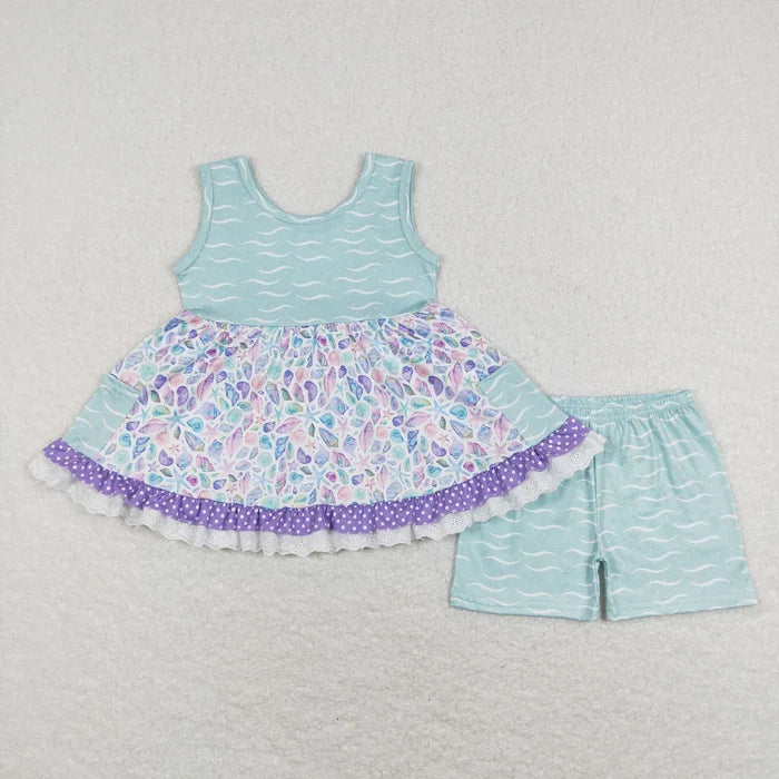 Sibling Baby Girls Sleeveless Floral Bows Pockets Tunic Ruffle Shorts Set