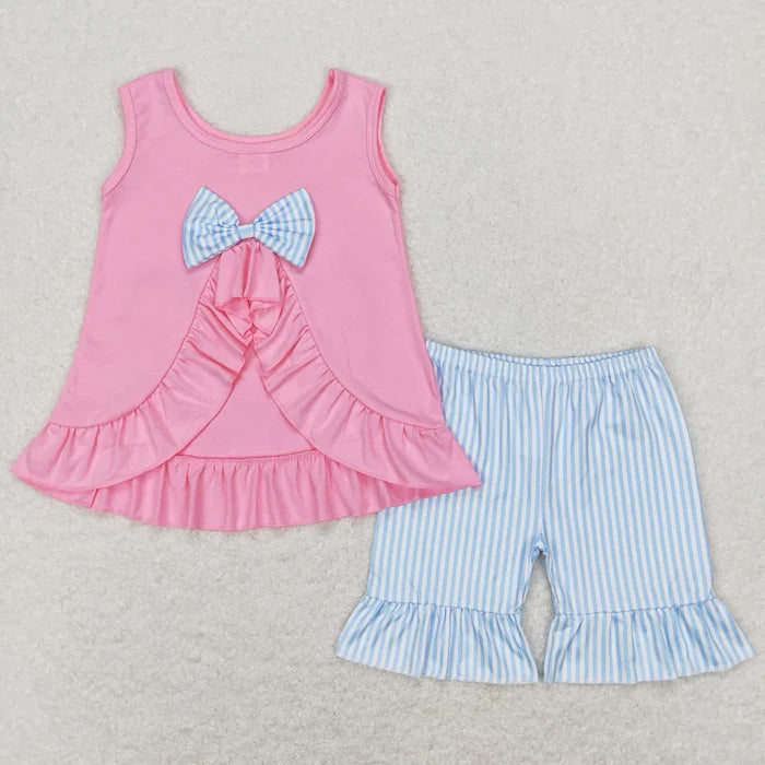 Sibling Baby Girls Sleeveless Floral Bows Pockets Tunic Ruffle Shorts Set