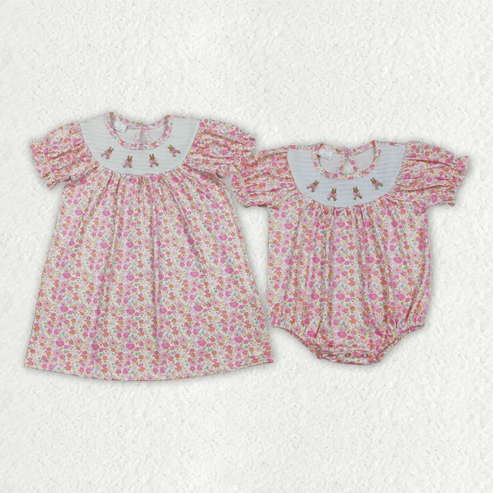 Sibling Baby Girls Smocked Bow Rabbits Flowers Easter Knee Length Dress Ruffle Rompers