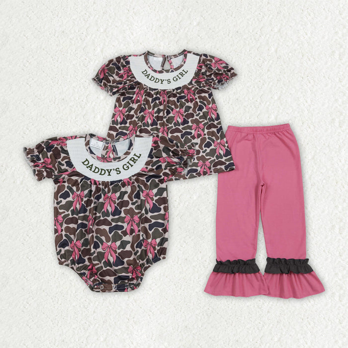 Sibling Baby Girls Smocked Daddy's Girl Camo Bows Tunic Ruffle Pants Clothes Set Romper