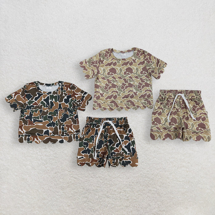 Sibling Baby Girls Southern Camo Top Pockets Scallop Shorts Clothes Sets