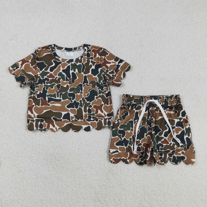 Sibling Baby Girls Southern Camo Top Pockets Scallop Shorts Clothes Sets