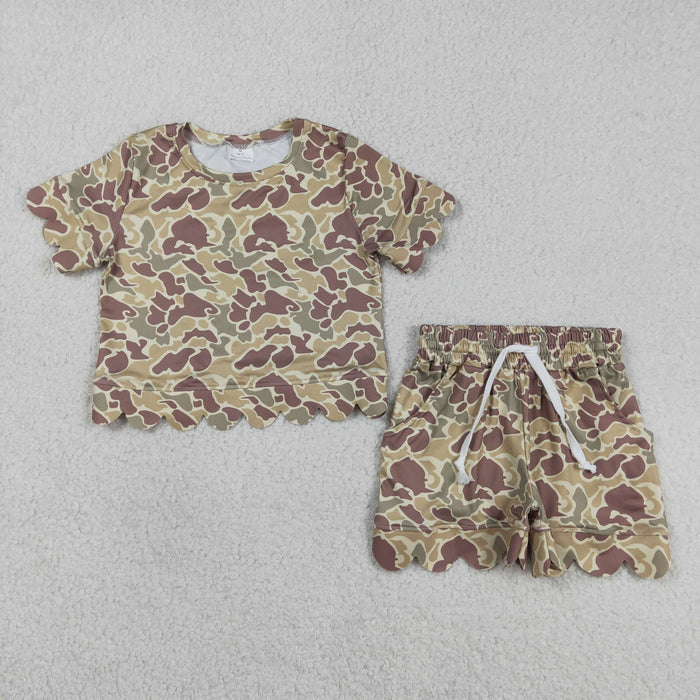 Sibling Baby Girls Southern Camo Top Pockets Scallop Shorts Clothes Sets