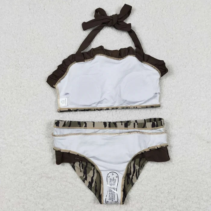 Sibling Baby Girls Strap Western Camo Print Ruffle Swimsuits